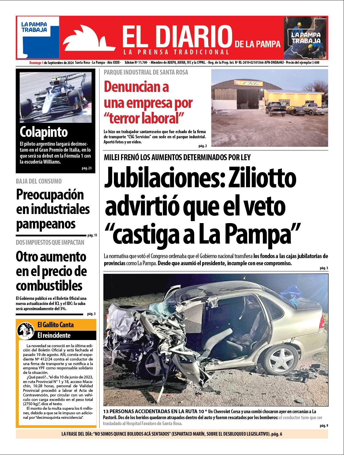 Tapa de El Diario en papel  domingo 01 de septiembre de 2024